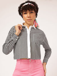 DressBerry Monochrome Stripes Contrast Placket Crop Shirt