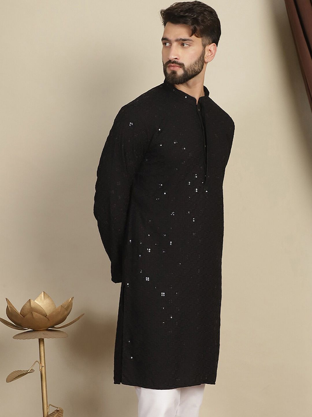 Anouk Ethnic Motifs Sequinned Pure Cotton Straight Kurta