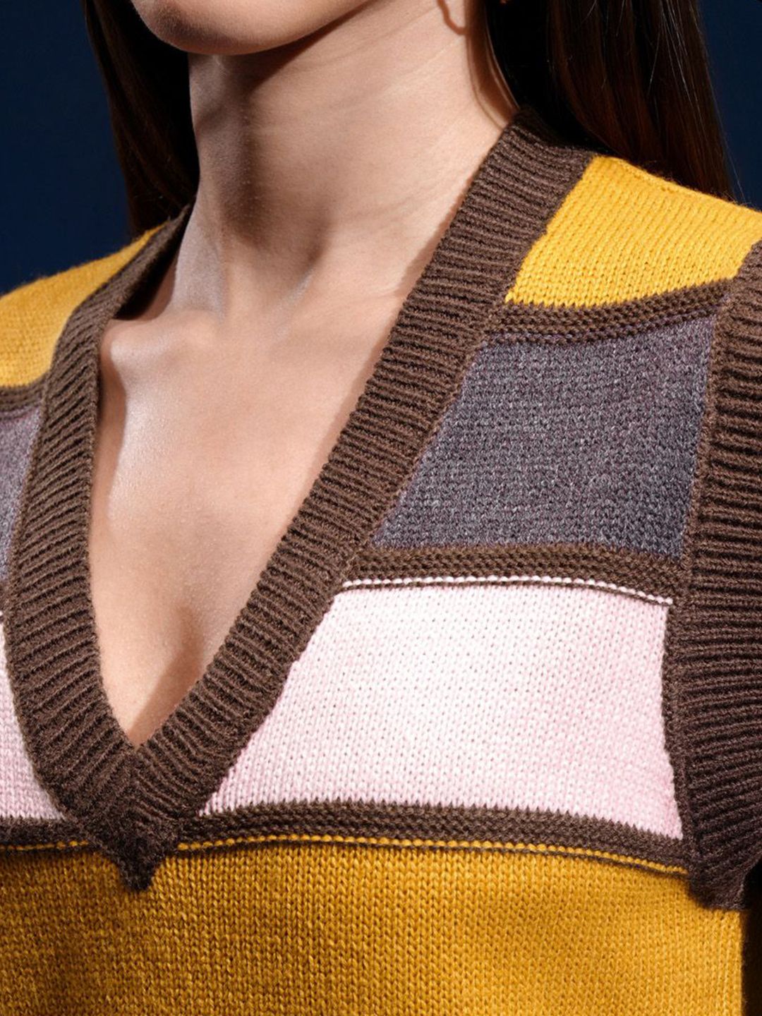 Tokyo Talkies Women Striped V-Neck Sweater Vest