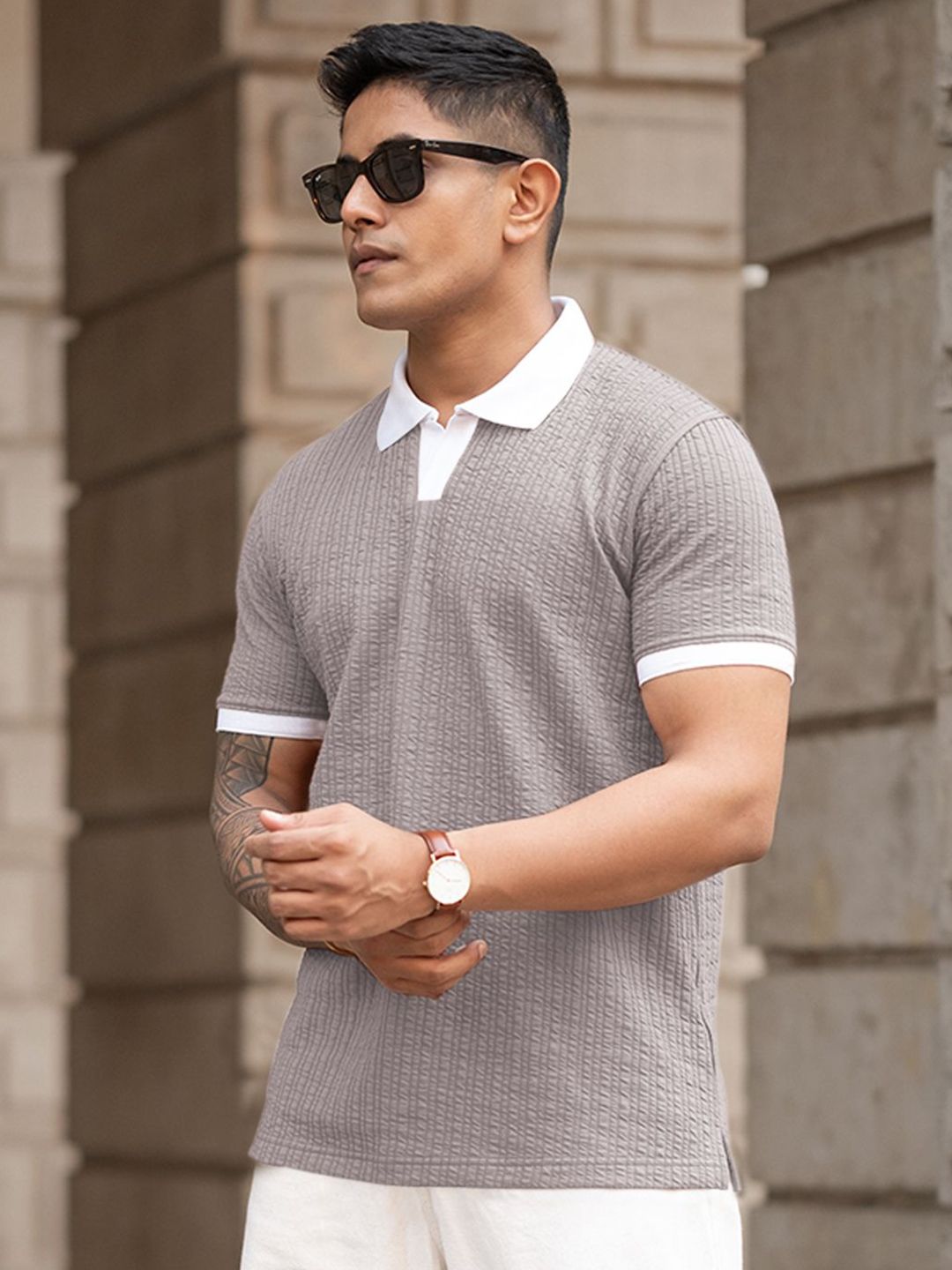 Powerlook Men Self Design Polo Collar Cotton T-shirt