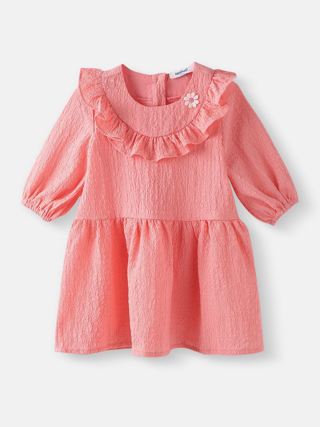 Nauti Nati  Girls Peach Cotton-Crepe Dress with Floral Brooch
