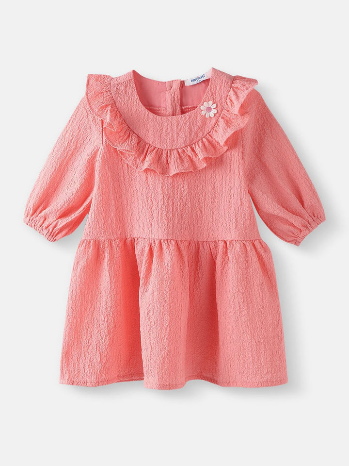 Nauti Nati  Girls Peach Cotton-Crepe Dress with Floral Brooch