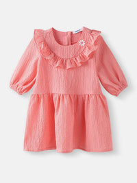 Nauti Nati  Girls Peach Cotton-Crepe Dress with Floral Brooch