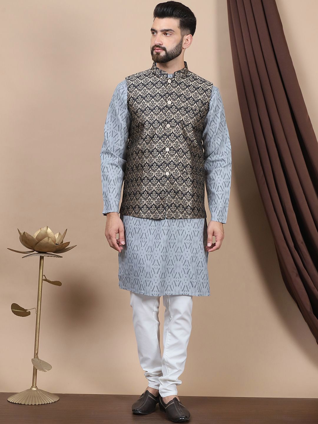 Anouk Geometric Printed Regular Pure Cotton Straight Kurta With Churidar & Nehru Jacket