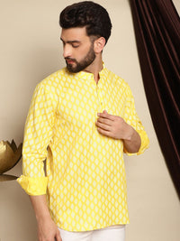 Anouk Yellow Floral Printed Cotton Linen Straight Short Kurta