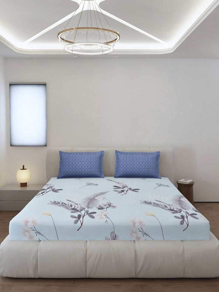 Monte Carlo Stanley Blue Floral Dicetak 144 TC King Bedsheet Set 1.85 m x 1.95 m