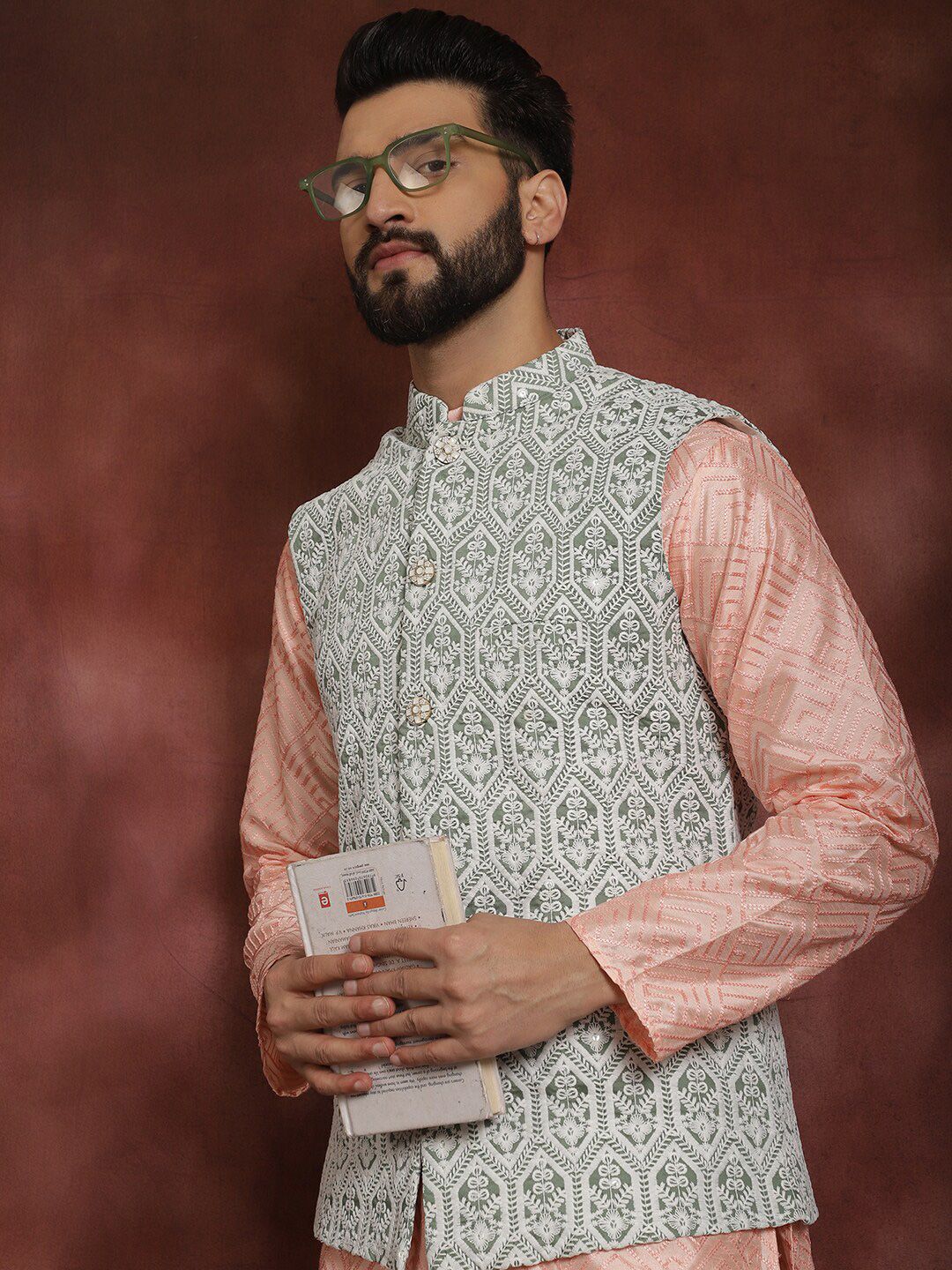 Motif Etnik Merah Jambu Anouk Bersulam Kurta Lurus Dengan Jaket Churidar & Nehru