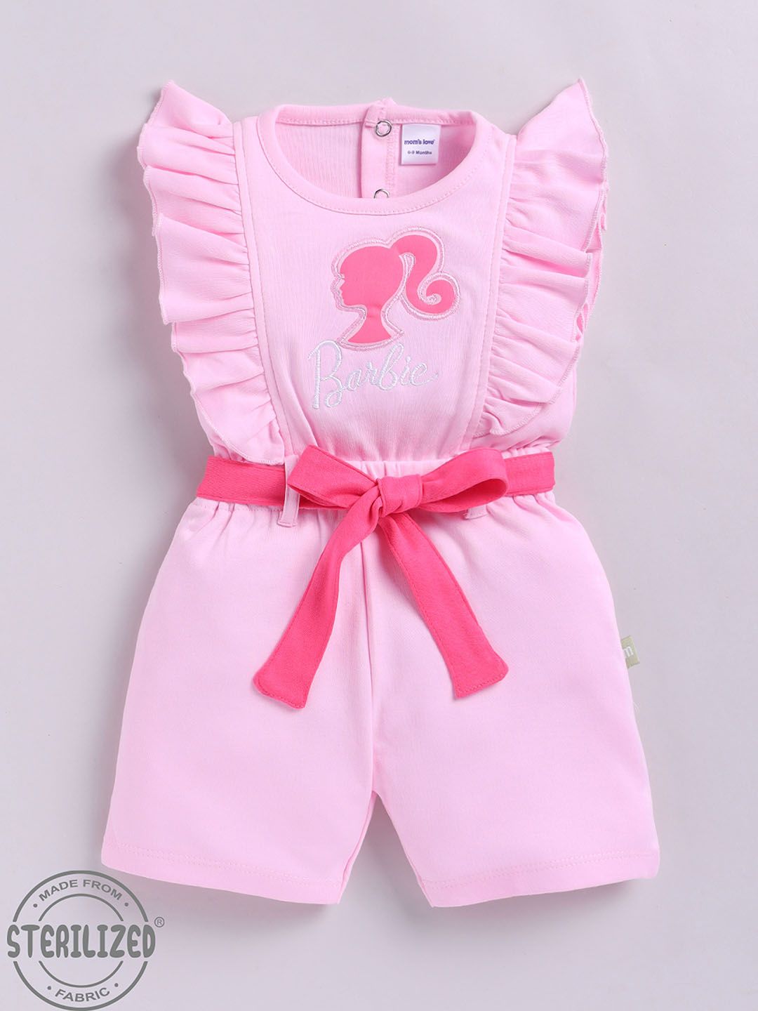 Moms Love Infant Girls Barbie Printed Pure Cotton Ruffled Basic Jumpsuit