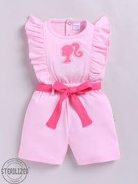 Moms Love Infant Girls Barbie Printed Pure Cotton Ruffled Basic Jumpsuit