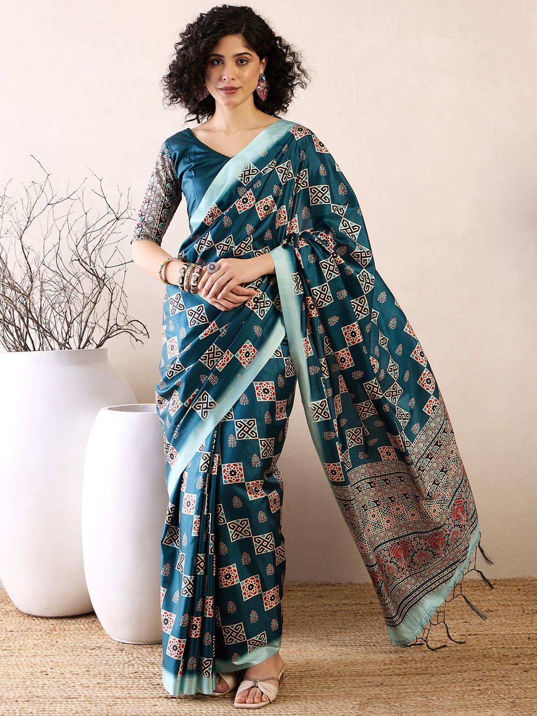 Saree mall modal Ajrak Block Satin Bagru SareesWith Blouse Piece