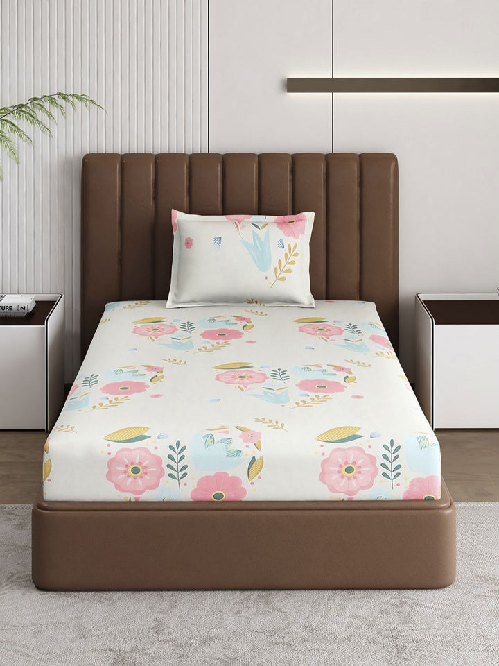 Monte Carlo Pixel White & Pink Floral Printed 120 TC Single Bedsheet Set 1.52 m x 2.30 m