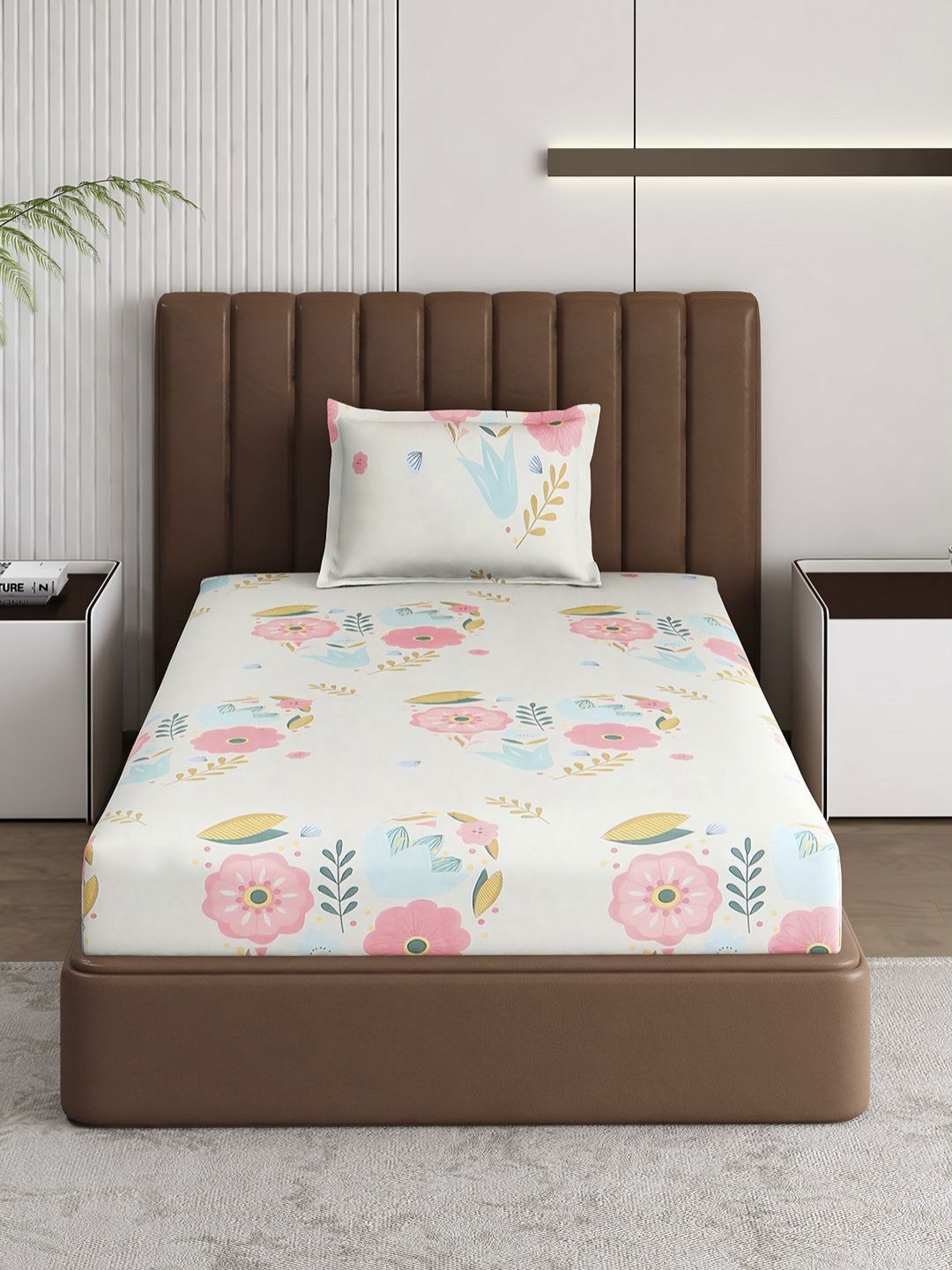 Monte Carlo Pixel White & Pink Floral Printed 120 TC Single Bedsheet Set 1.52 m x 2.30 m