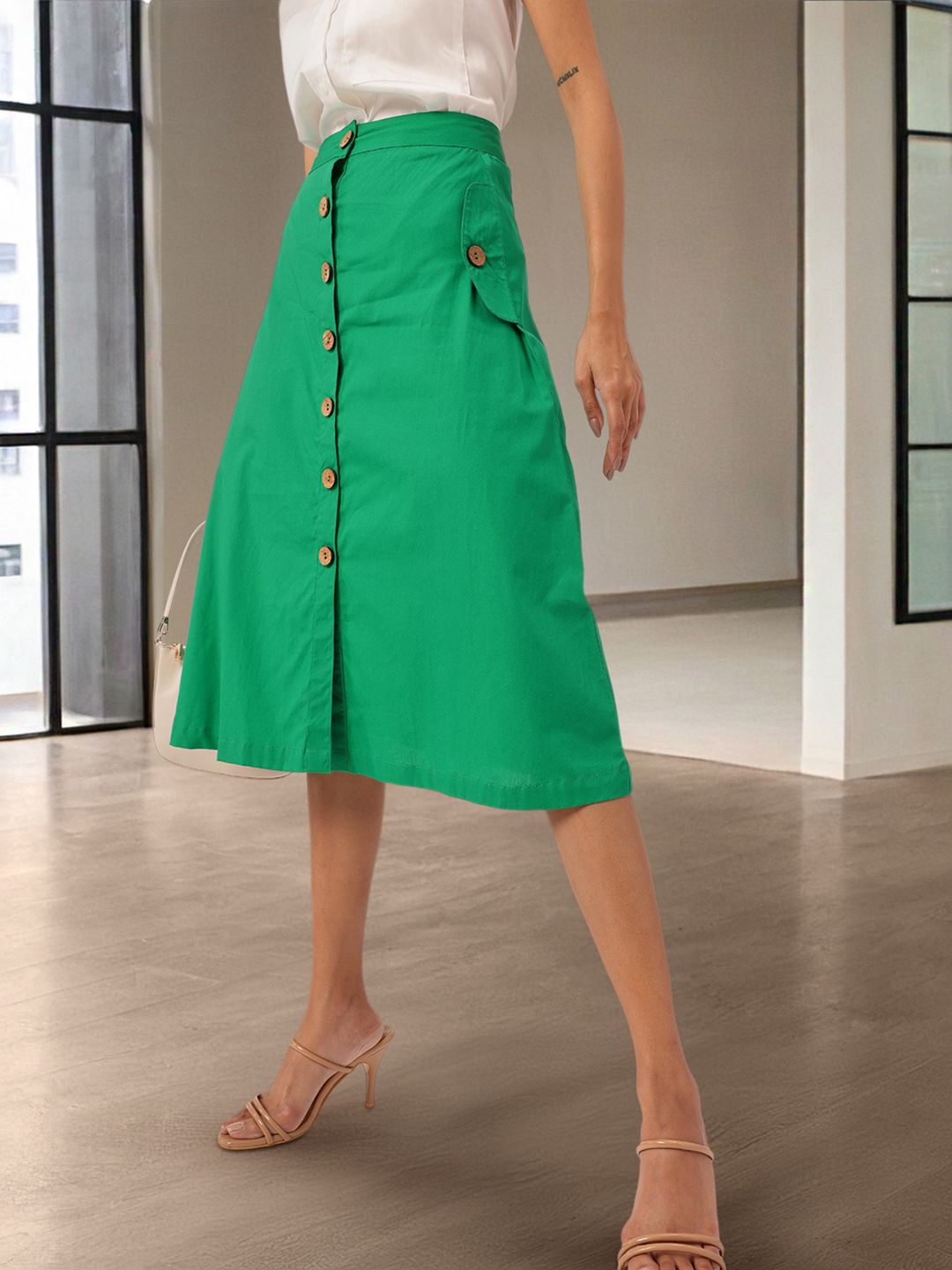 DressBerry Women Feminine Graceful Fresh Mock Button Pocket A-Line Skirt