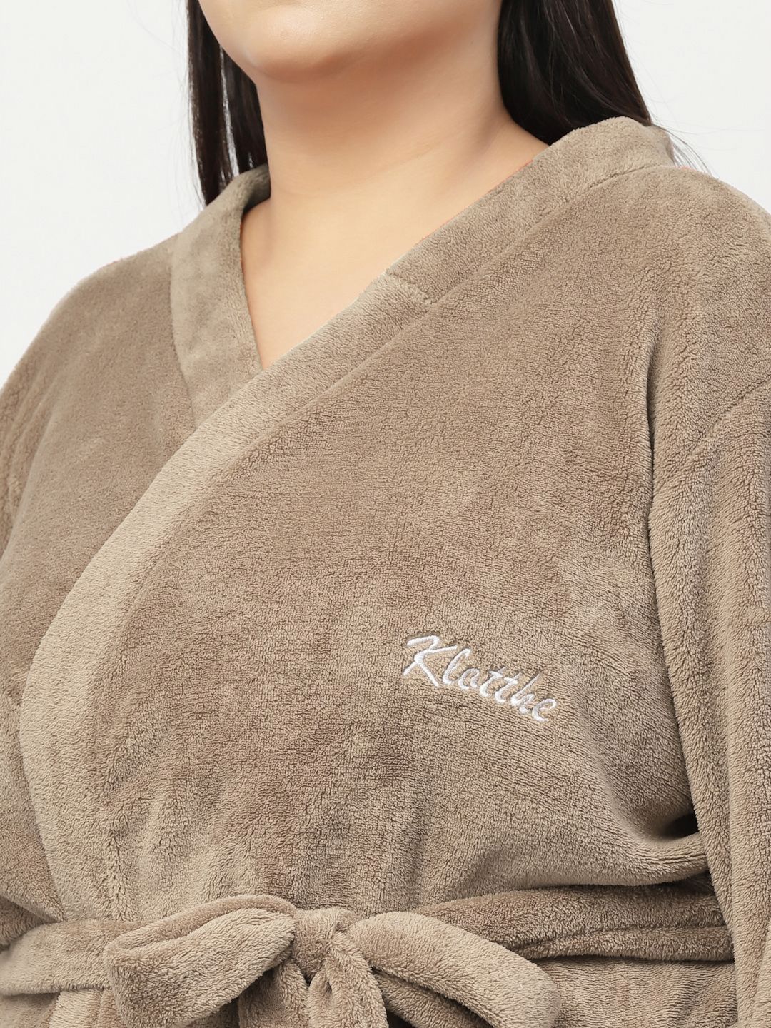 KLOTTHE Plus Size Shawl Neck Woolen Bath Robe With Belt