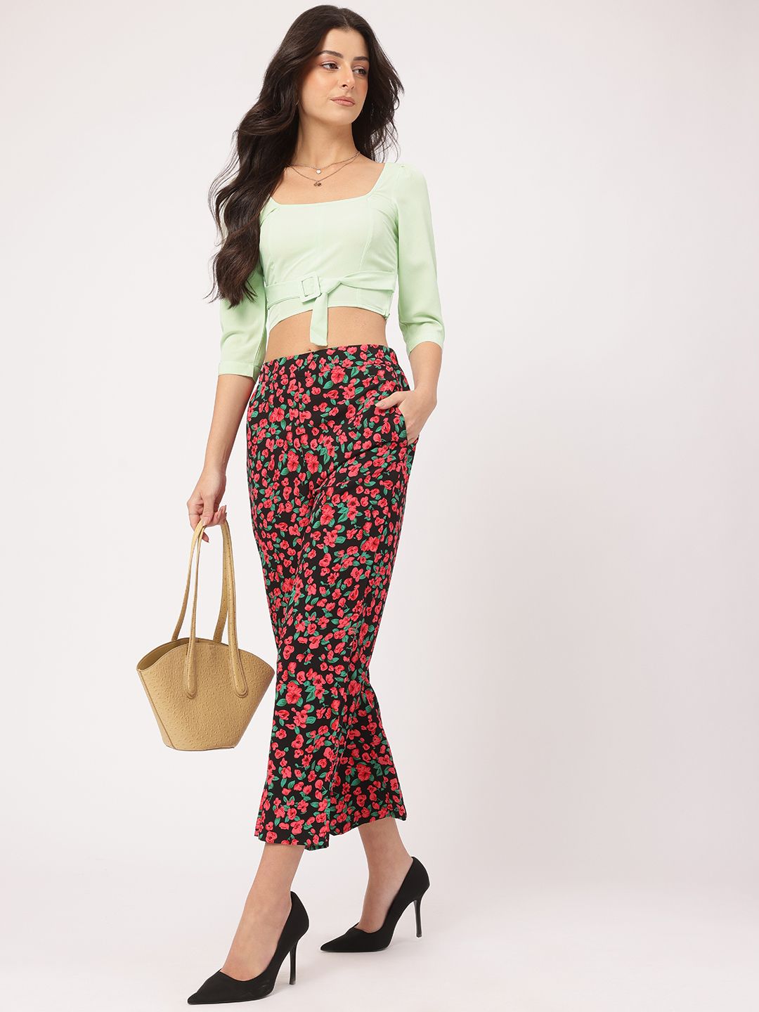 DressBerry Cuffed Sleeves Pleated Belted Crop Top