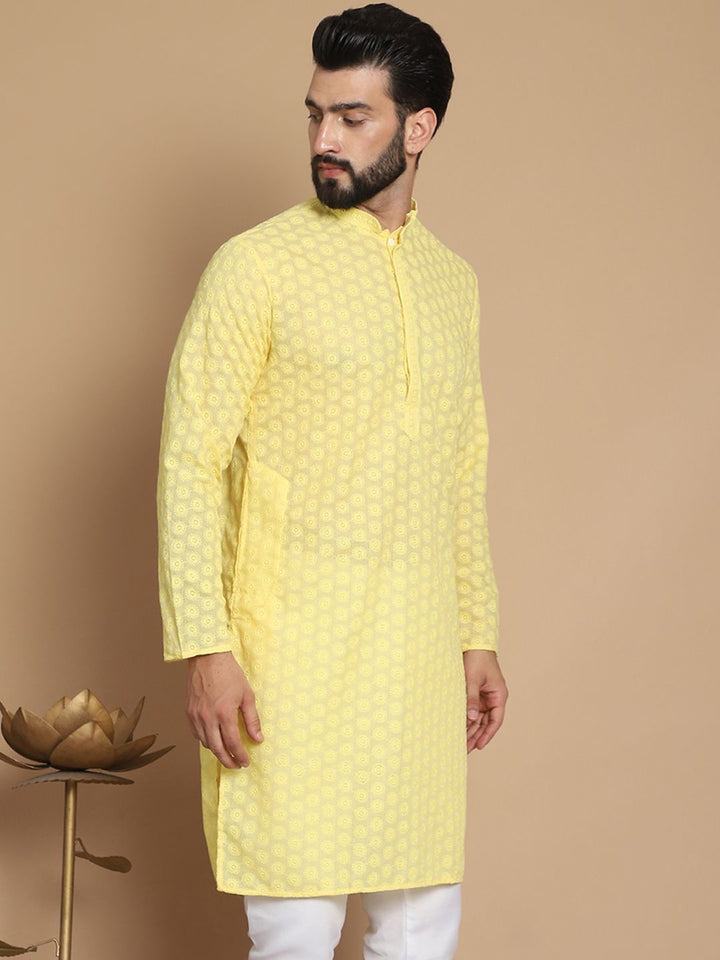 Anouk Yellow Geometric Embroidered Mandarin Collar Pure Cotton Straight Kurta