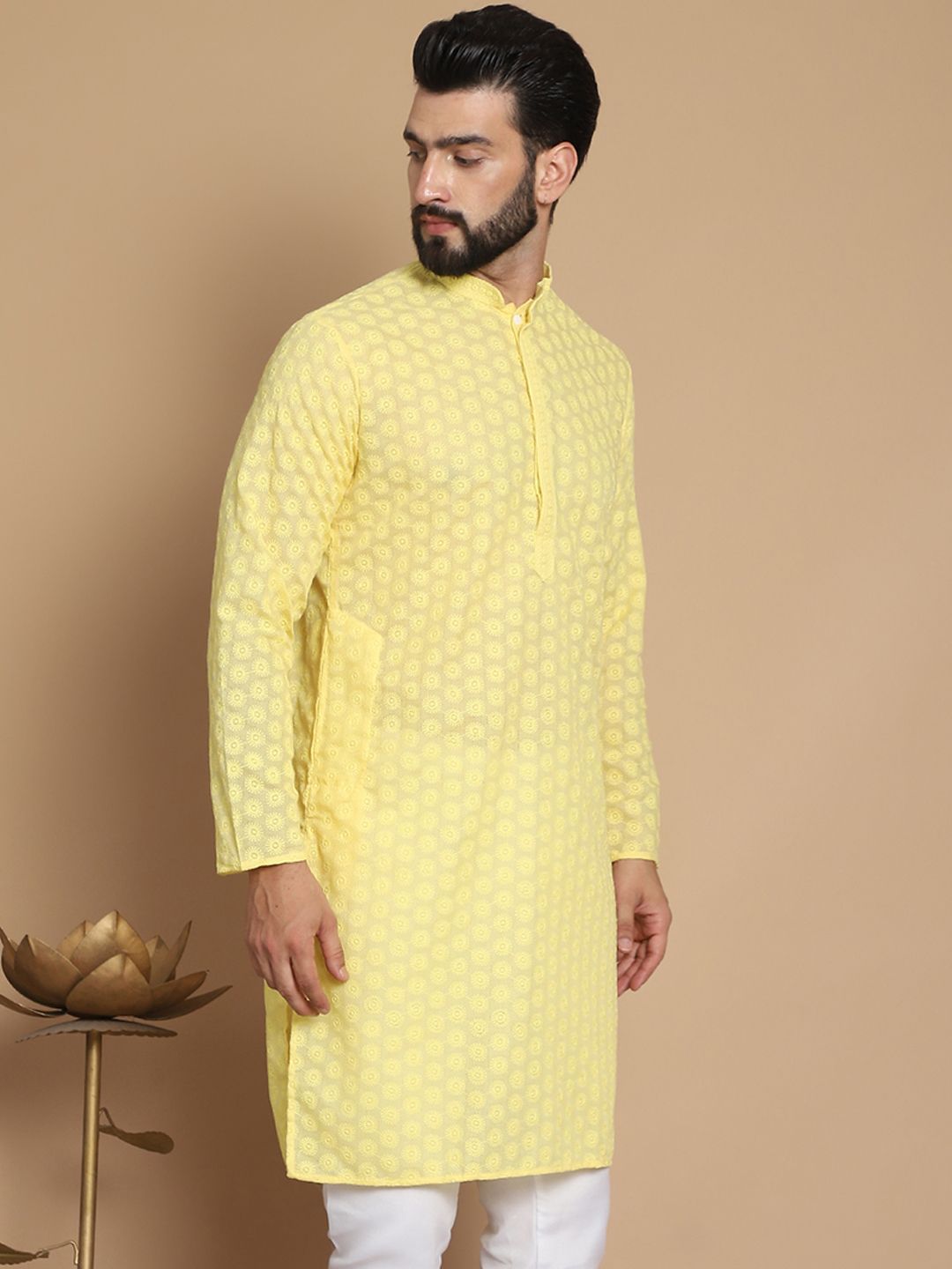 Anouk Yellow Geometric Embroidered Mandarin Collar Pure Cotton Straight Kurta