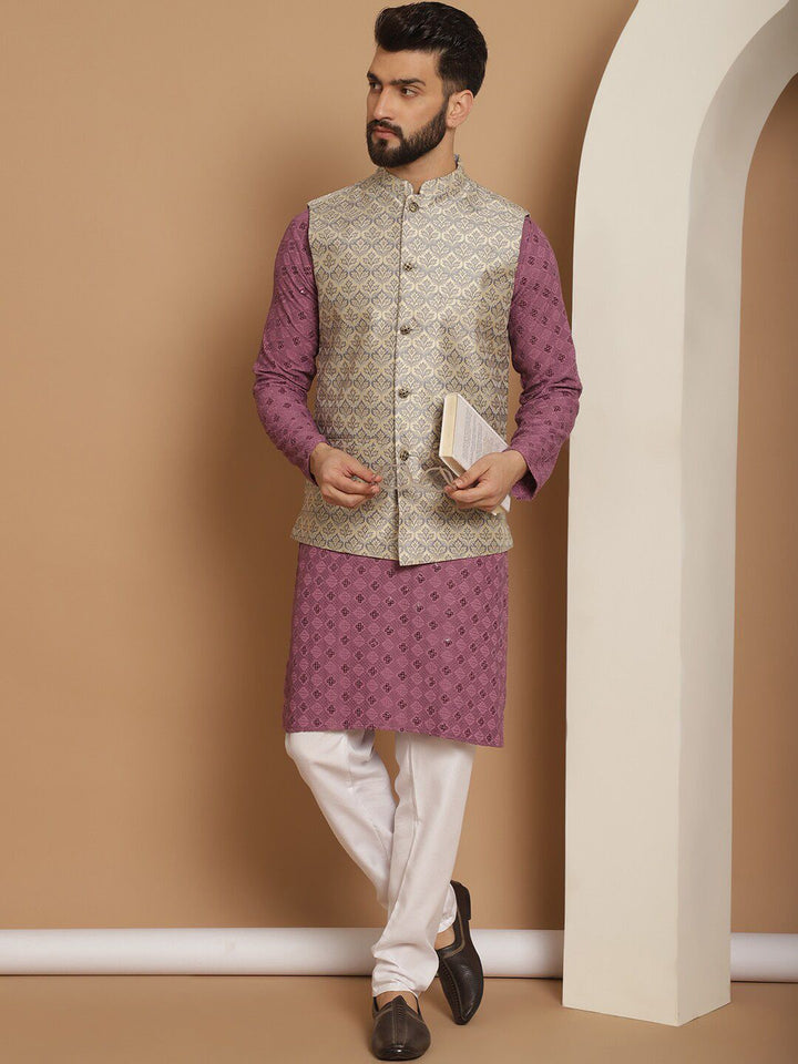 Anouk Sequinned Mandarin Collar Regular Kurta & Churidar With Nehru Jacket