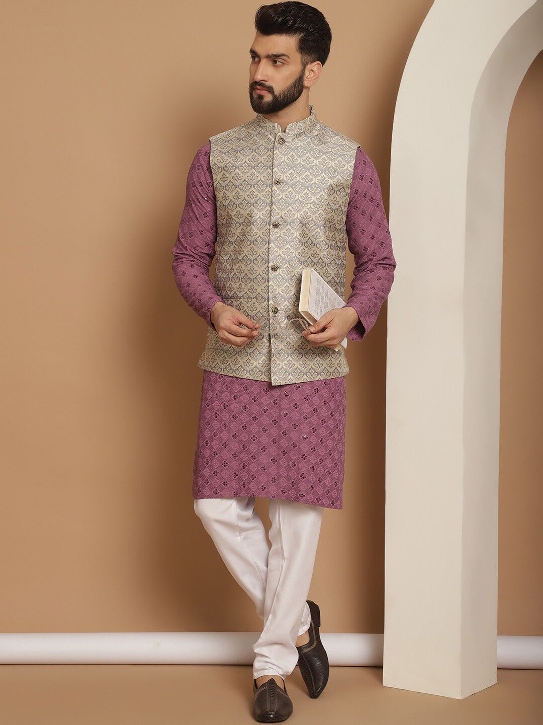Anouk Sequinned Mandarin Collar Regular Kurta & Churidar With Nehru Jacket