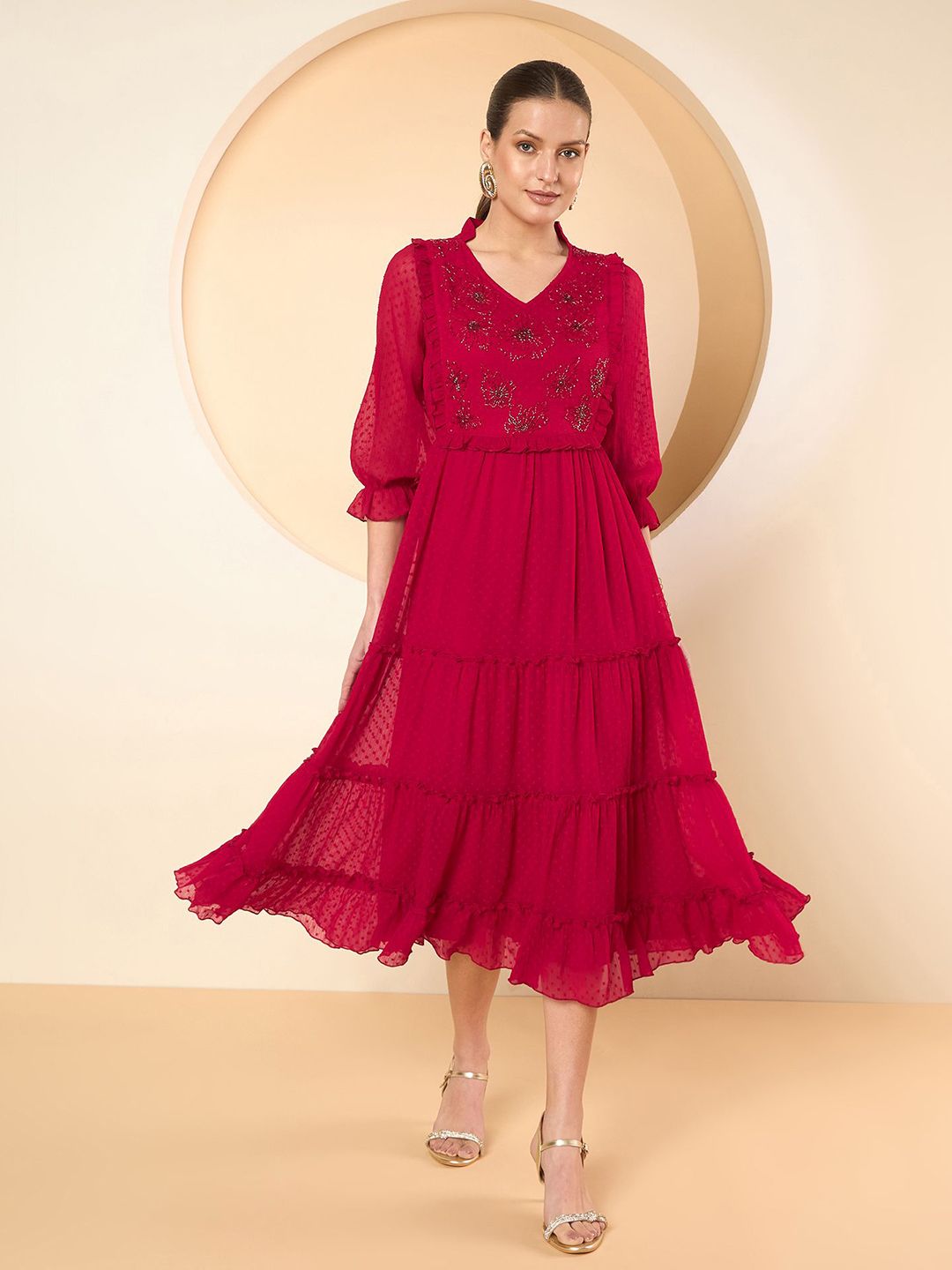 Antheaa Women Puff Sleeves Fit & Flare Midi Dress