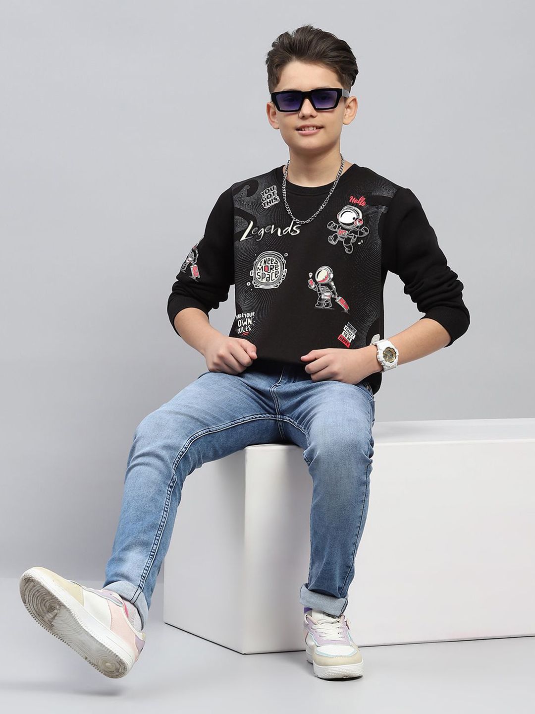 Monte Carlo Boys Black CottonRound neck Long Sleeves Printed Sweatshirt