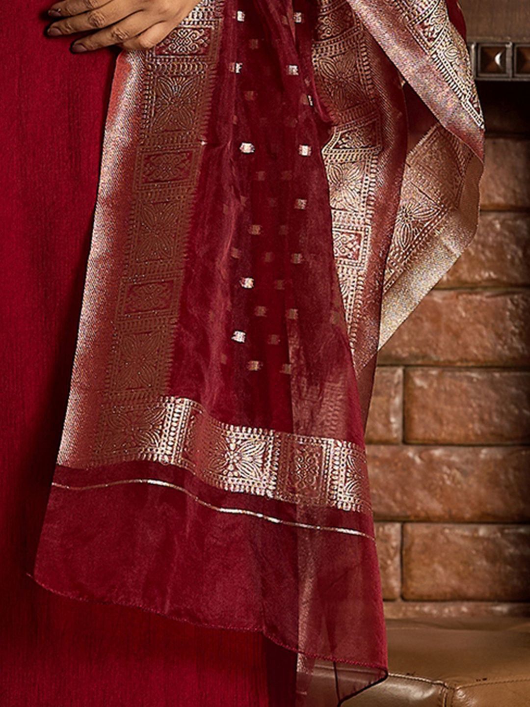 Indo Era Ethnic Motifs Zari Embroidered Liva Kurta with Trouser & Dupatta