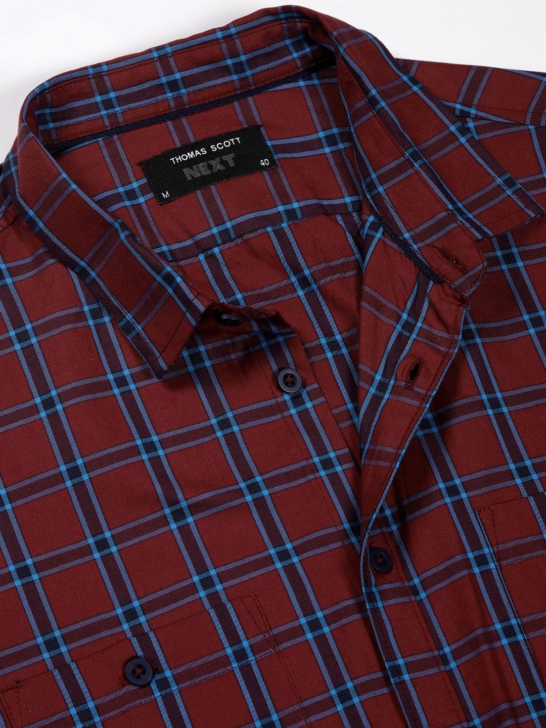 Thomas Scott Men Classic Fit Spread Collar Windowpane Checked Cotton Casual Shirt