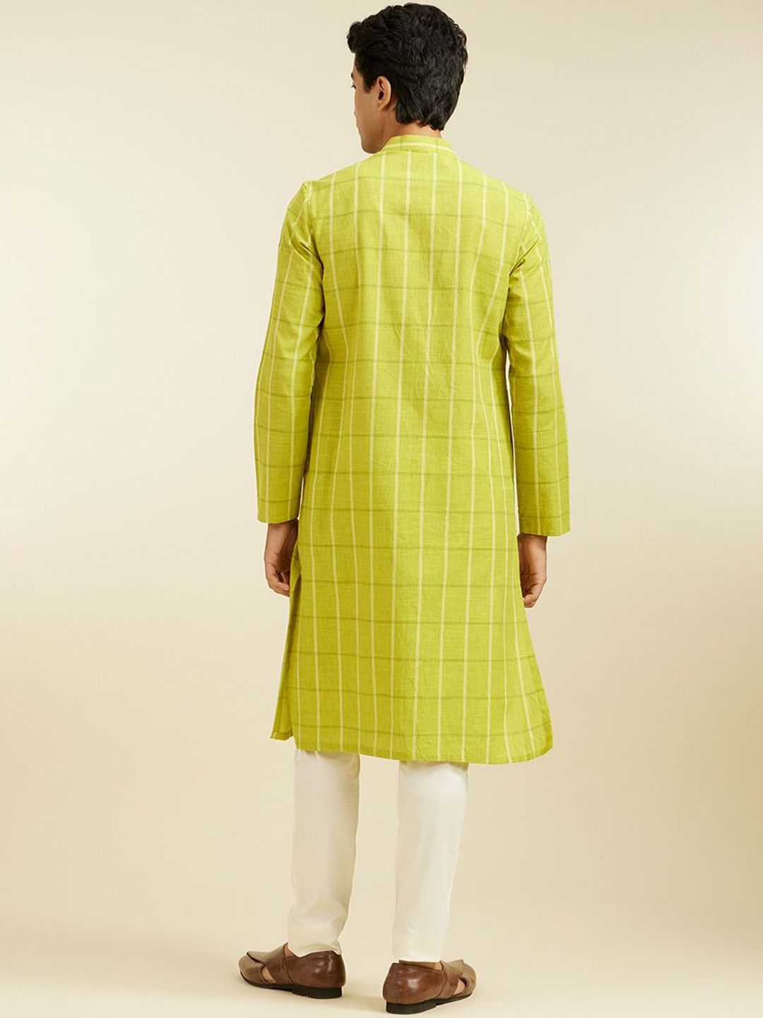 Diwas by Manyavar Checked Mandarin Collar Cotton Straight Kurta
