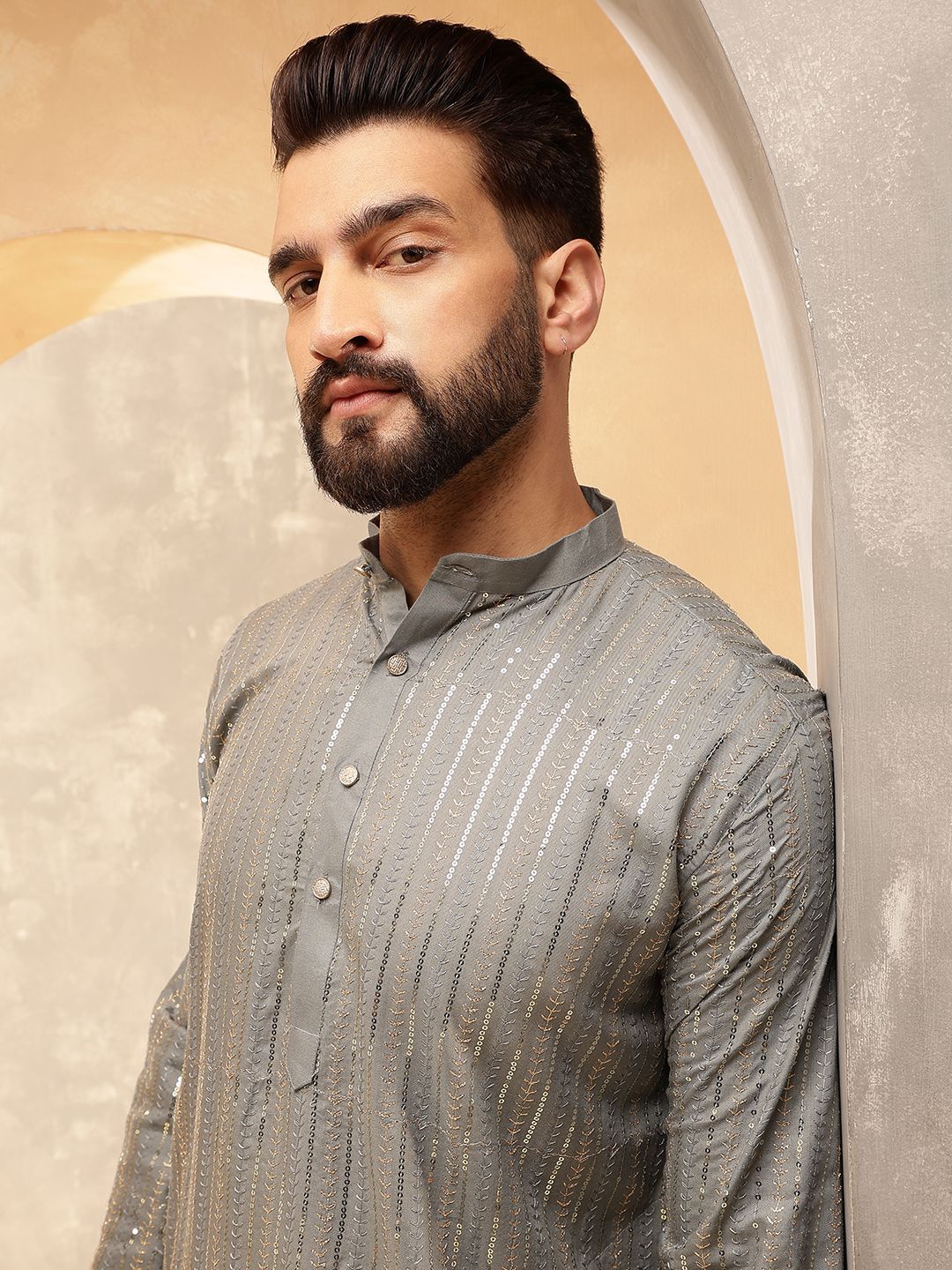 Anouk Grey Striped Embroidered Sequinned Mandarin Collar Pure Cotton Kurta With Pyjama
