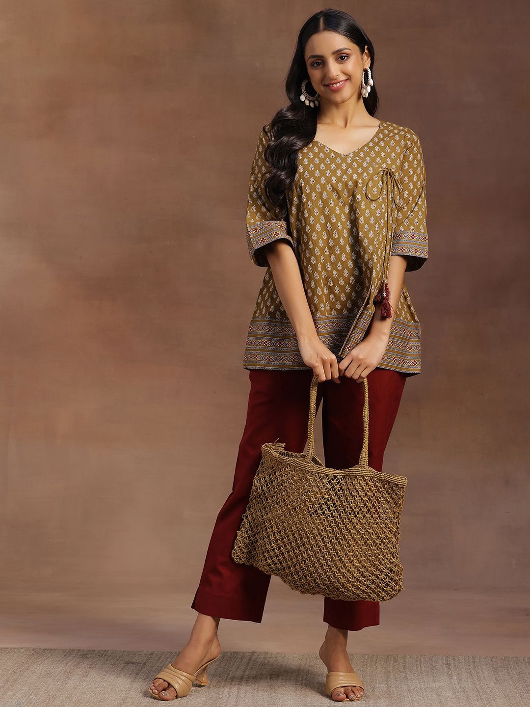 Libas Floral Printed V-Neck Pure Cotton Angrakha Kurti