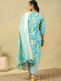 Mamicha Women Floral Printed Regular Thread Work Pure Cotton Kurta with Palazzos & With Dupatta