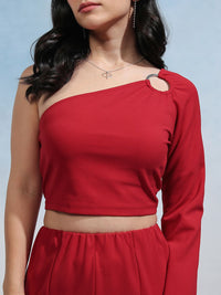 Tokyo Talkies Red One Shoulder Knitted Top With Trousers