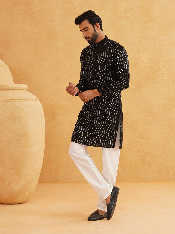 SOJANYA Woven Design Embroidered Sequinned Band Collar Pure Cotton Kurta With Pyjama