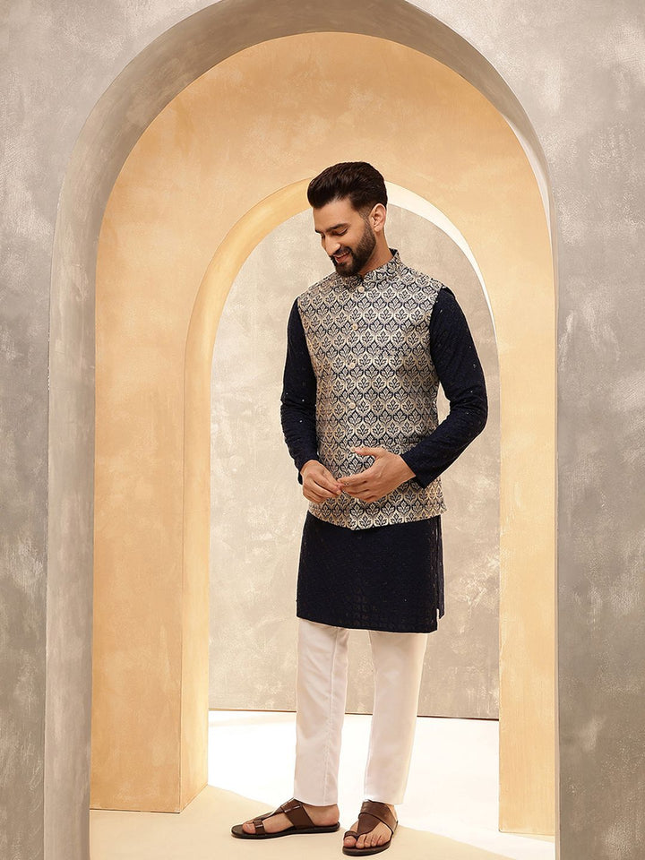 Anouk Navy Blue Embroidered Pure Cotton Straight Kurta With Pyjamas And Nehru Jacket
