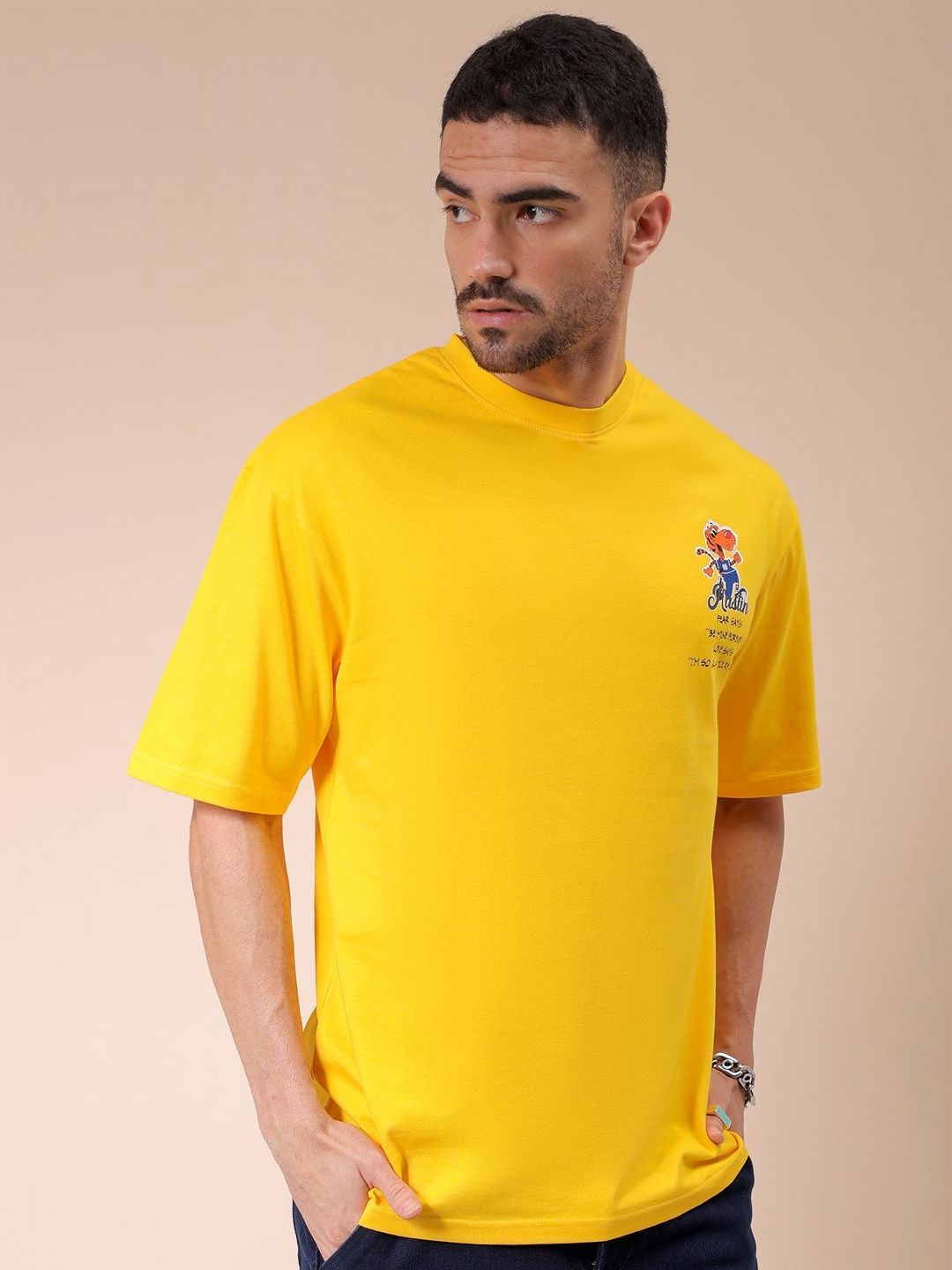 The Indian Garage Co Men Graphic Printed Round Neck Pure Cotton Oversized T-shirt