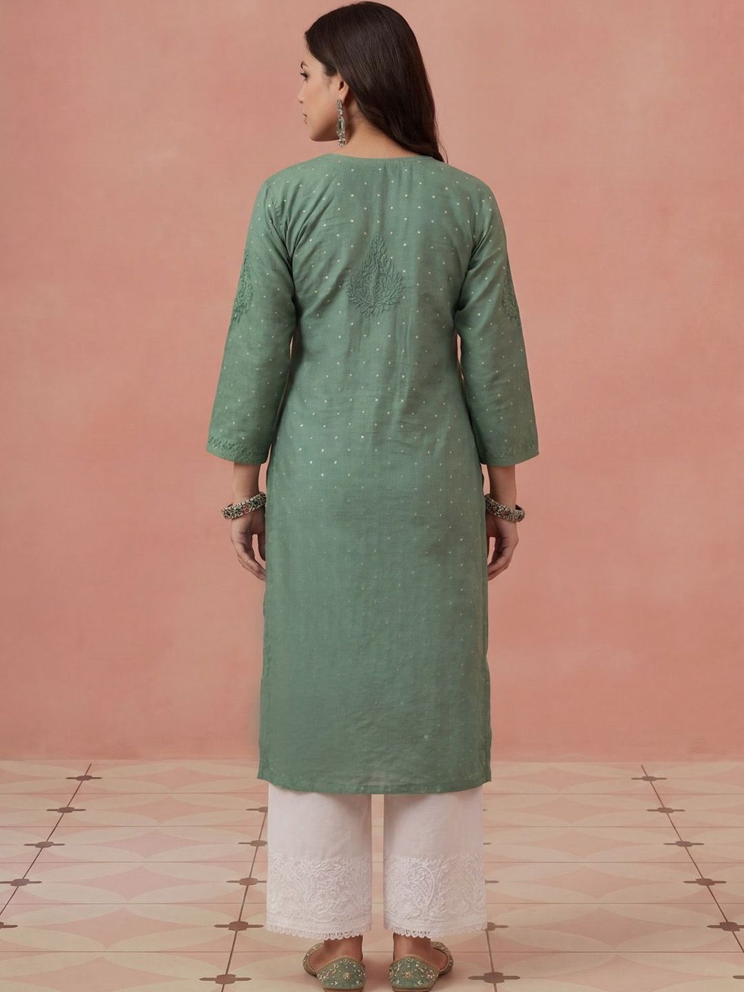Rumah Wanita Chikankari Motif Etnik Sulam Benang Kerja Kurta Sutera Chanderi