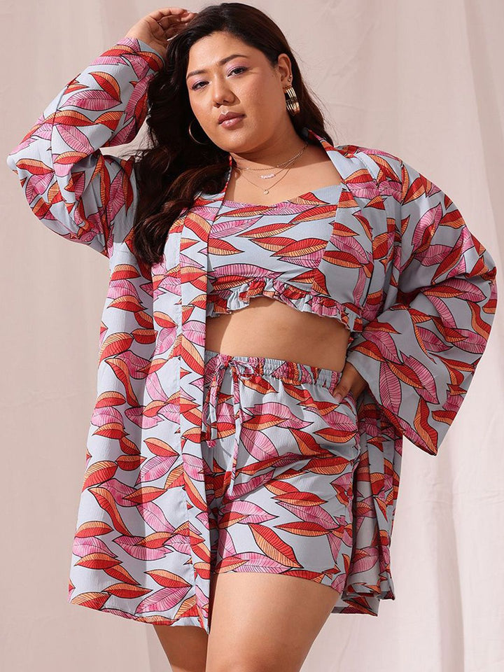 CURVY STREET Plus Size Floral Printed Crop Top With Shrug & Shorts
