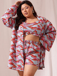 CURVY STREET Plus Size Floral Printed Crop Top With Shrug & Shorts