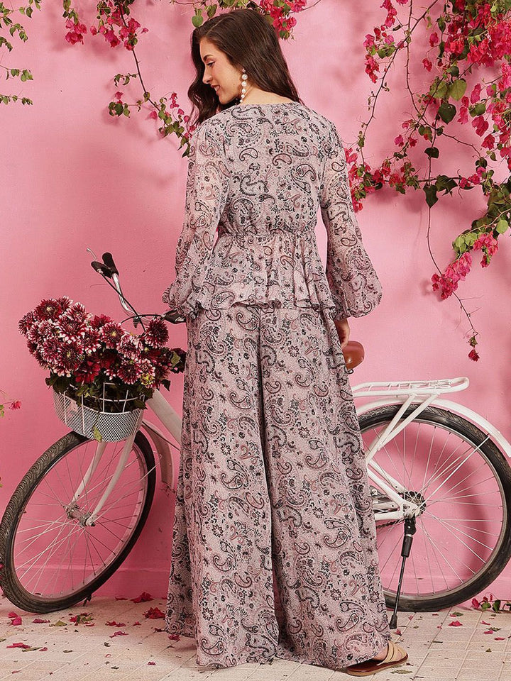 Quiero Meher Bercetak atas V-Neck dengan Palazzos Co-Ords