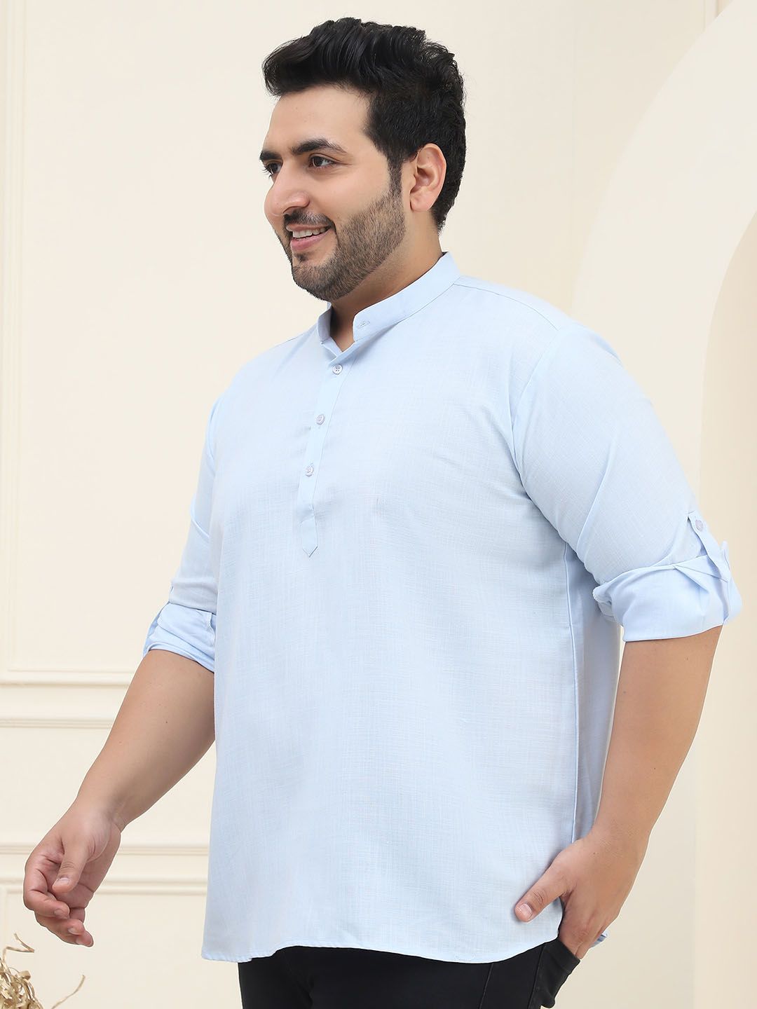 SOJANYA Plus Kolar Mandarin Lengan Panjang Cotton Straight Short Kurta