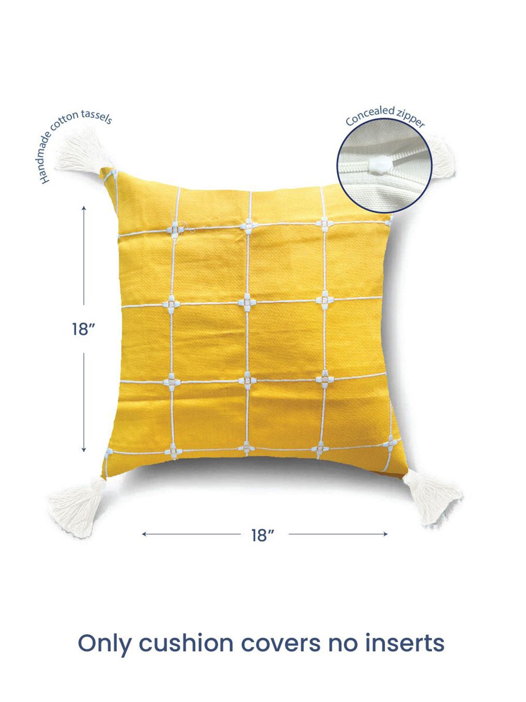 URBAN SPACE Yellow & White 2 Pieces Embroidered Pure Cotton Square Cushion Covers