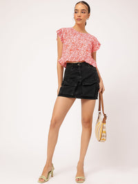 DressBerry Citrus Moment Flutter Sleeve Ruffled Floral Print Top