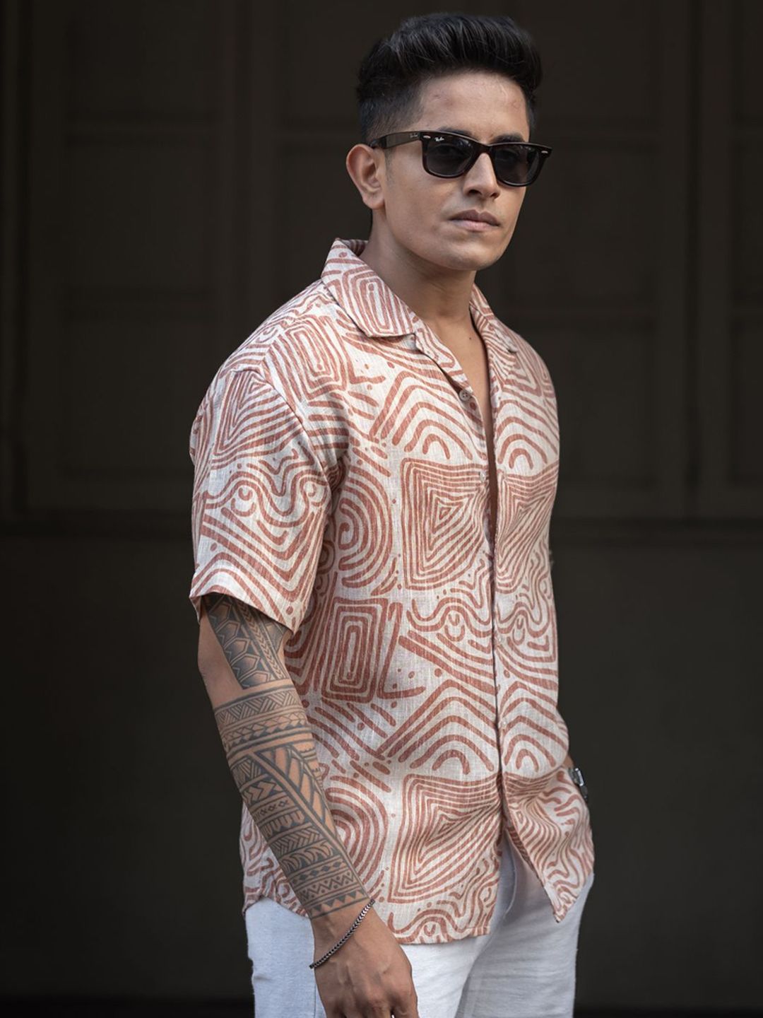Powerlook Men Cuban Collar Abstract Printed Oversized Casual Shirt