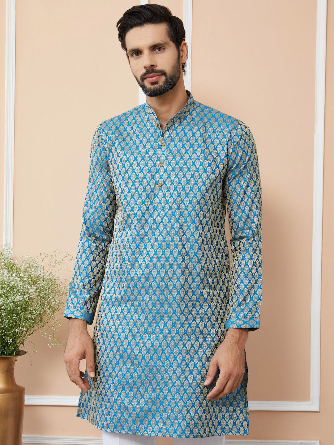 See Designs Ethnic Motifs Woven Design Mandarin Collar Silk Jacquard Straight Kurta