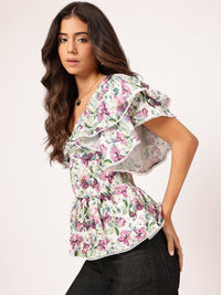DressBerry Flutter Florals Printed Satin Finish Peplum Top