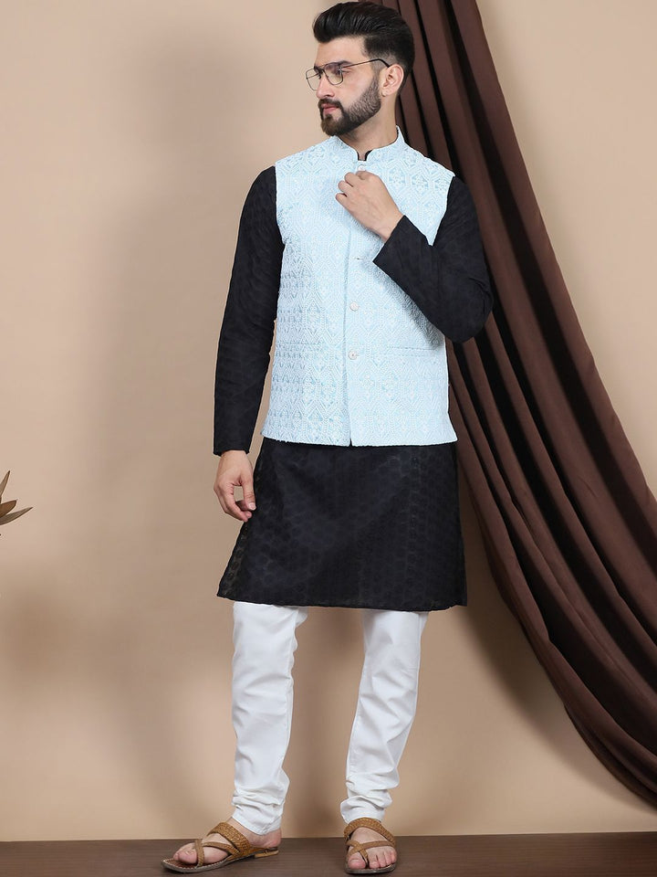 Anouk Black Geometric Woven Design Pure Cotton Straight Kurta & Churidar & Nehru Jacket