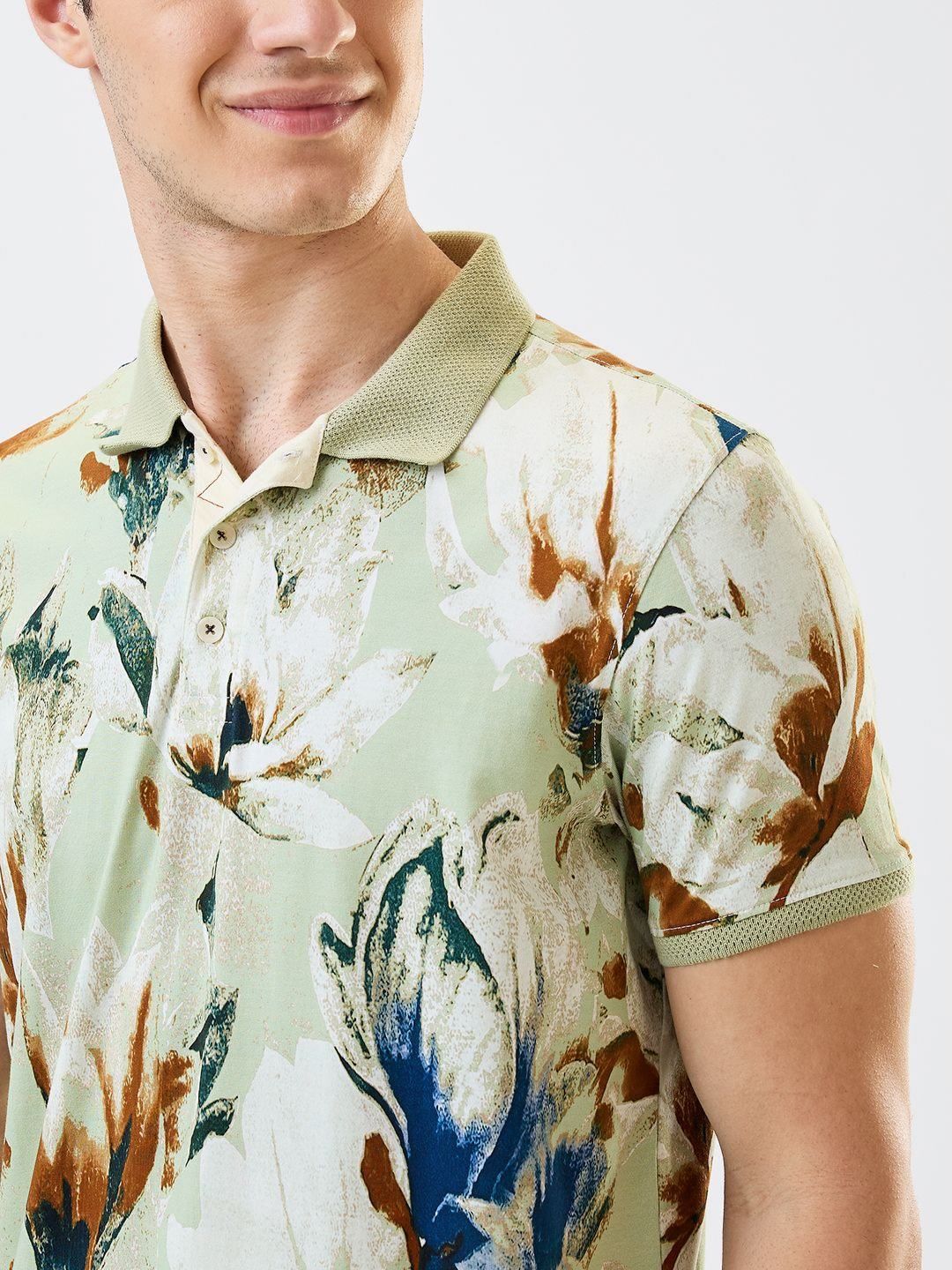 SPYKAR Men Floral Printed Polo Collar Cotton Slim Fit T-shirt