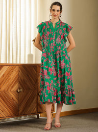 SANSKRUTIHOMES Women Green Cotton Printed V Neck Dress