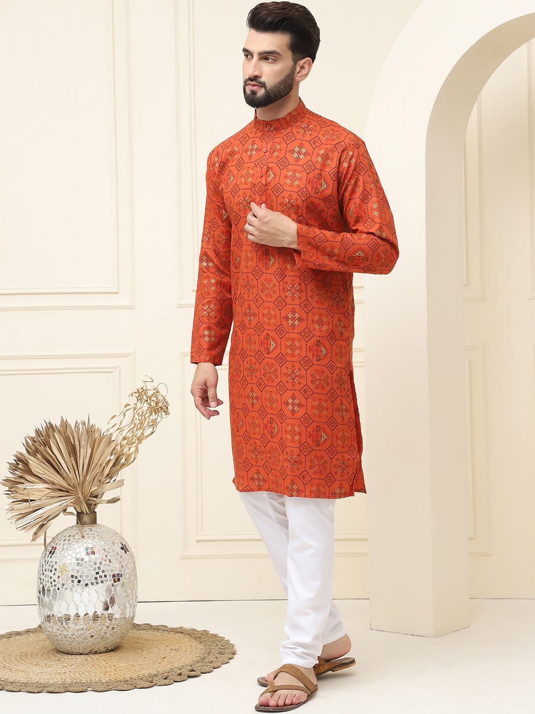 SOJANYA Ethnic Motifs Printed Mandarin Collar Cotton Linen Straight Kurta with Pyjamas