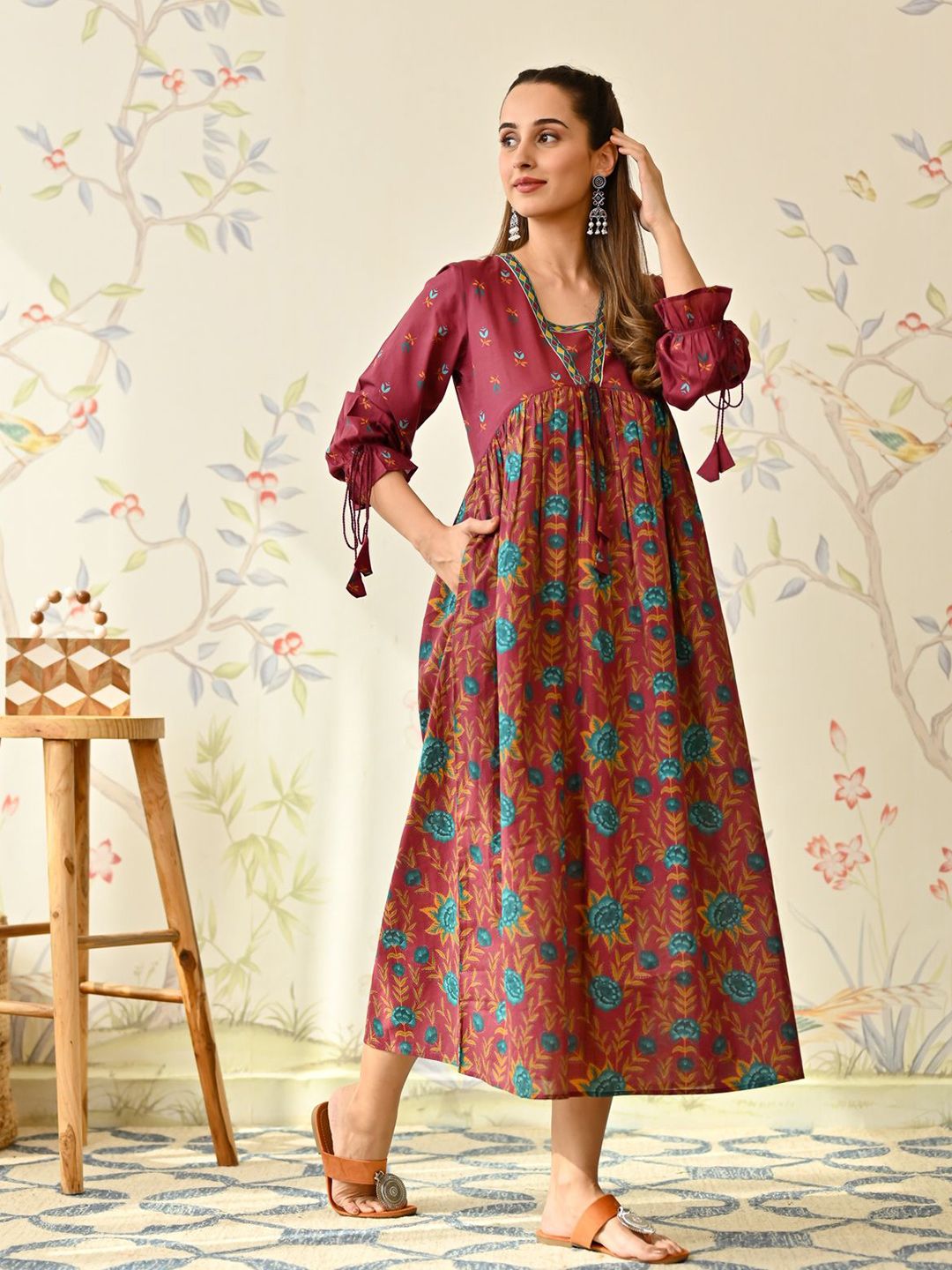 Rustorange Women Floral Printed Round Neck Cotton Empire Maxi Dress